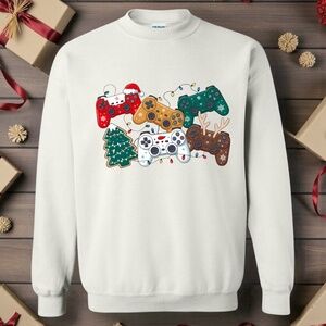 Funny Gamer Sweatshirt Controls And Reindeer Tree White Unisex S M L XL XXL